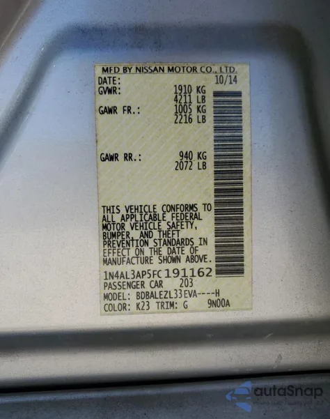 2015 Nissan Altima 2.5 from USA, damaged, VIN 1N4AL3AP5FC191162